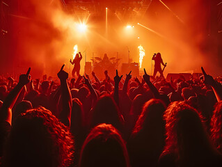 Concert audience with raised hands and rock gestures against a fiery stage with musicians and pyrotechnics.