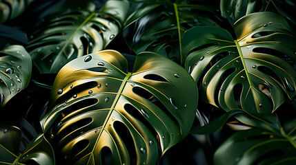 Background of monstera leaves. Monstera leaves of different shades on the background.