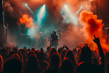 Concert stage, crowd in the stadium, in the style of misty gothic, dark teal and orange, punk rock aesthetic, metal.
