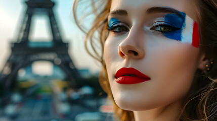 A girl with french make up and makeup in front of the eiffel tower. Summer Olympic games concept.