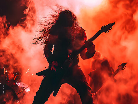 Heavy metal guitarist rocking out on stage with a backdrop of intense red lighting and atmospheric smoke.
