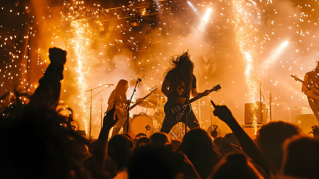 Rock band performing on stage with dynamic pyrotechnics and enthusiastic fans cheering in the foreground.
