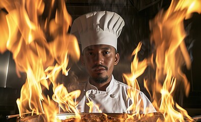 Professional chef demonstrating flamb? technique in the kitchen of a gourmet restaurant