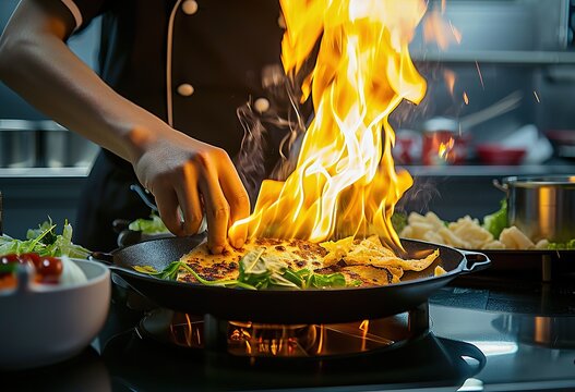 Professional chef demonstrating flamb? technique in the kitchen of a gourmet restaurant