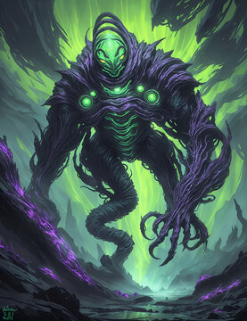 In the image, there is a dark green being with glowing eyes and tentacles. It is depicted in a fantasy style with purple and green colors. 