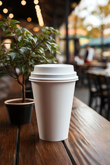 Closeup of a white paper cup of coffee on a table in an empty cafe without people