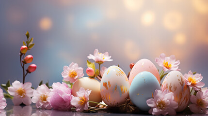 Easter party concept. Top view photo of easter eggs with flowers white pink blue and yellow eggs on isolated pastel background with copy space, banner, greeting card