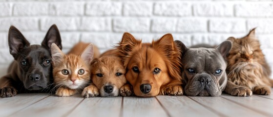 Group of cats and dogs laying on the floor isolated