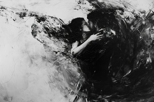 Black and white theatrical love abstraction of a couple kissing. Black Valentine's Day style and World Theatre Day.