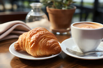 Closeup of a white paper cup of coffee and croissant on a table in an empty cafe without people