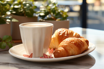 Closeup of a white paper cup of coffee and croissant on a table in an empty cafe without people