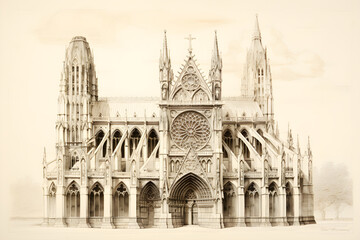 Design and Visual Drawing: Elaborate Gothic Cathedral Exterior with Intricate Details