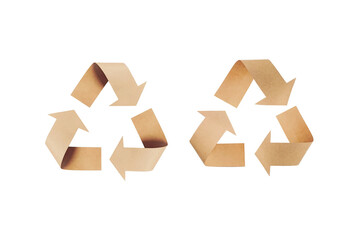 Recycle symbols made of cardboard paper on transparent or white background