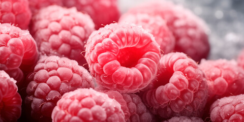 Frozen raspberries close up, berry background with copy space