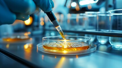 Scientist Pipetting Sample in Petri Dish for Analysis in Laboratory
