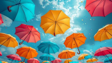colorful umbrellas floating against a vibrant sky, symbolizing imagination and creativity