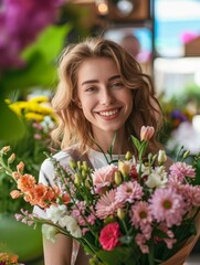 Obraz na płótnie Canvas A cheerful young woman radiates happiness while arranging a colorful flower bouquet, symbolizing love, creativity, and joy