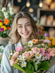 Exuding positivity, a young woman florist delights in crafting a stunning flower bouquet filled with love, creativity, and joy
