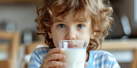 A little cute child is drinking a glass of milk in the morning - obrazy, fototapety, plakaty