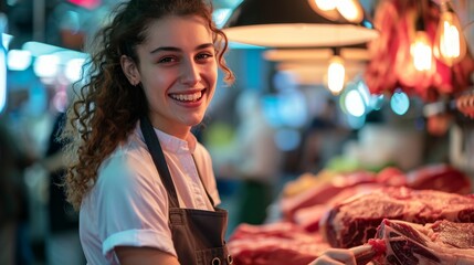 Professional woman butcher advertising premium meat at the counter