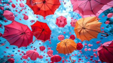 Fototapeta na wymiar colorful umbrellas floating against a vibrant sky, symbolizing imagination and creativity