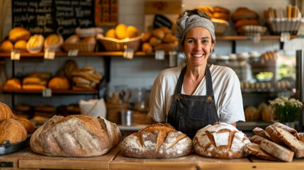 Bakery saleswoman showcasing delicious bread

