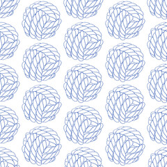 Seamless pattern of knotted ropes cords monkey fist knot ball Nautical thread whipcord with loops and noose, braided, spiral fiber. Illustration hand drawn graphic diagonal blue on white background