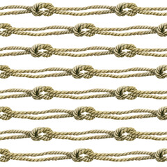 Seamless pattern of rope cords with knots. Hand drawn illustration. Nautical thread whipcord with loop and noose. Hand painted watercolor on white background. For Print, wrapping, crafting, fabric.