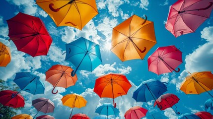 colorful umbrellas floating against a vibrant sky, symbolizing imagination and creativity