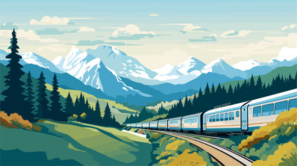 scenic beauty of train routes in a vector scene featuring trains winding through picturesque landscapes mountains and valleys .simple isolated line styled vector illustration