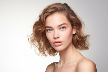 Naklejka premium Young Blonde Hair German Woman With Healthy Skin and Natural Looking Makeup on White Background 