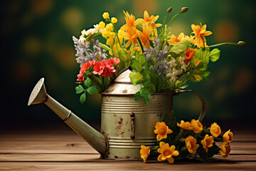 Old watering can with seedlings of flowers and vegetables on wooden background. Vintage home garden and planting objects, spring time
