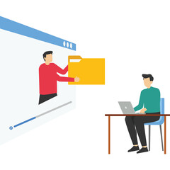 Meeting with team in social, download file, video call conference, social distancing during quarantine, teleconference webinar, Vector illustration design concept in flat style

