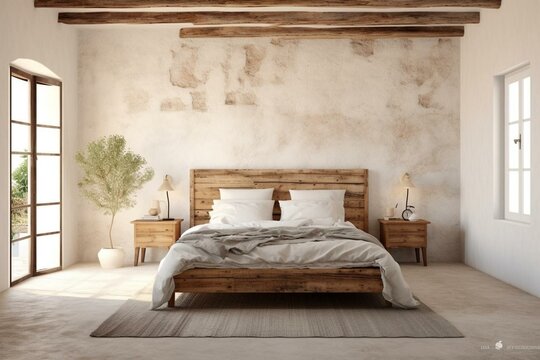 Comfortable bedroom in white farmhouse style with a wall mockup, visually rendered in 3D. Generative AI