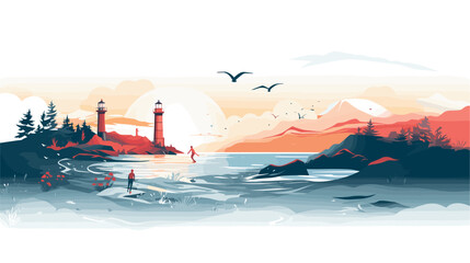 sense of adventure and exploration along the coastline in a vector art piece showcasing scenes of individuals engaging in seaside activities from surfing and sailing to beachcombing .simple isolated