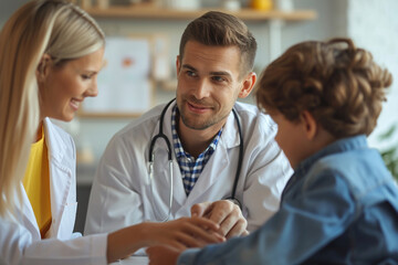Obraz premium child engaging with a friendly pediatrician during a routine checkup, highlighting the trust and rapport between the little patient and the doctor in a minimalistic photo