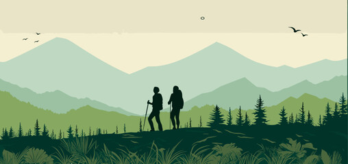 Convey the environmental stewardship associated with hiking in a vector scene featuring hikers practicing Leave No Trace principles respecting wildlife habitats and promoting eco-friendly hiking - obrazy, fototapety, plakaty