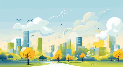 Convey the dynamic and evolving nature of our world in a vector scene featuring bustling urban landscapes serene natural environments and the seamless integration of technology into daily life .simple - obrazy, fototapety, plakaty