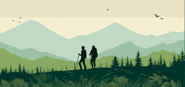 Convey the environmental stewardship associated with hiking in a vector scene featuring hikers practicing Leave No Trace principles respecting wildlife habitats and promoting eco-friendly hiking