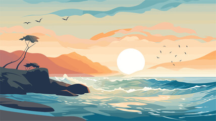 Convey the elemental forces shaping the coastal landscape in a vector scene featuring scenes of windswept shores tidal movements and the natural erosive processes contributing to the ever-changing