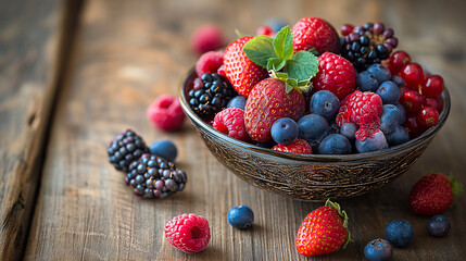 variety of fresh, colorful berries artfully arranged in a decorative bowl on a wooden table, natural lighting, vibrant, high resolution, mouthwatering 
