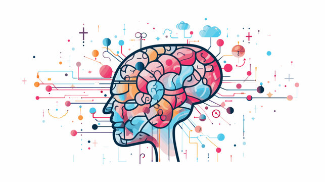 Convey the intellectual prowess of the brain in a vector scene featuring symbolic representations of learning critical thinking and problem-solving .simple isolated line styled vector illustration