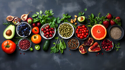 Healthy nutrition concept with vegetables and fruits on black background - obrazy, fototapety, plakaty