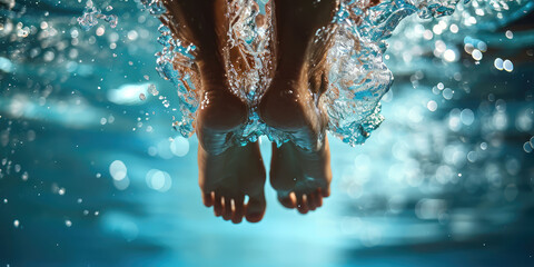 Underwater closeup view of female Feet. Legs of a synchronized swimmer woman against the serene backdrop of a swimming pool. - obrazy, fototapety, plakaty