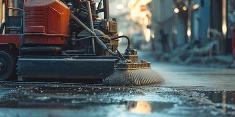 Urban Street Cleaning Machine at Work. Close-up of an industrial street cleaner machine with rotating brushes cleaning a wet urban road, reflecting city life.