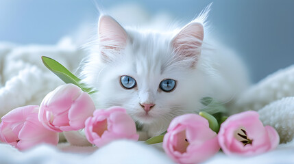 White cute blue-eyed cat sleeps in pink tulips