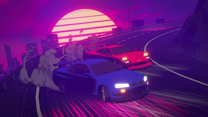 Retro-futuristic drifting cars loop,  80s retro animation, vj loop background - Powered by Adobe