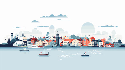 Explore the nostalgia and timeless appeal of seaside villages and coastal communities in a vector art piece showcasing scenes of charming cottages bustling harbors and the timeless beauty of coastal - obrazy, fototapety, plakaty