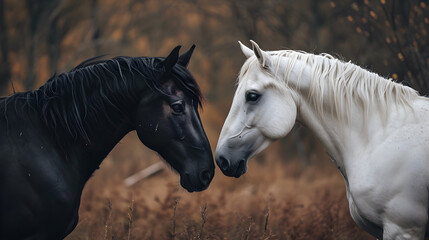 Black and white horse looking at each other