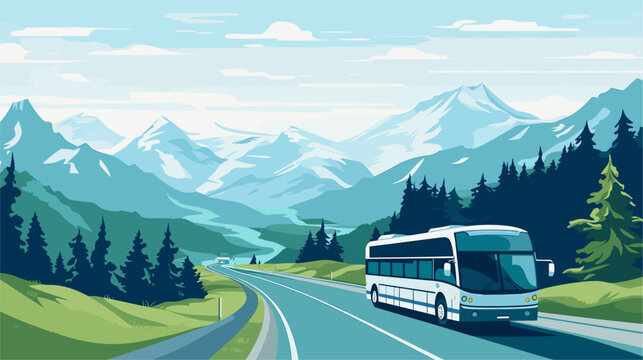 Explore the scenic routes and picturesque journeys of long-distance buses in a vector art piece showcasing scenes of buses traversing scenic landscapes open highways and offering passengers